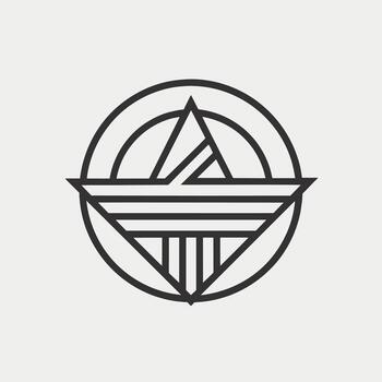 Minimalist black and white design featuring a triangle enclosed within a circle, A minimalist laundromat design boasting state-of-the-art washing machines vector