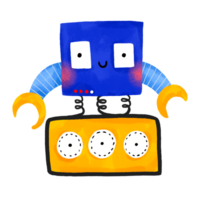 Funny comic robot with electronic hands and wheels. Cartoon computer character on isolated background. Kids illustration png