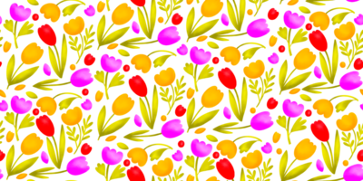 Garden. Seamless pattern with blooming spring flowers. Botanical bright background. Isolated pattern for print, textile, wrapping paper and nursery png