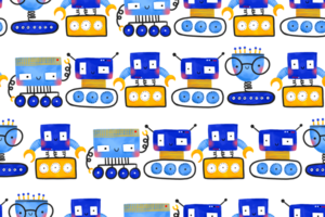 desatado fundo com azul e amarelo eletrônico robôs. desenho animado ciborgues e maquinaria personagens. isolado brinquedo personagens. sem fim padronizar png