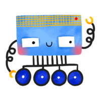 Funny cartoon robotic toy with wheels. Crazy futuristic cyborg. Hand drawn illustration on isolted background png