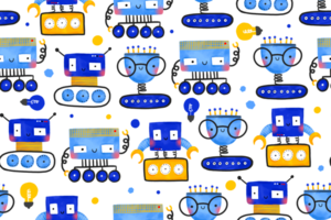 Seamless pattern with machinery electronic robots. Game character. Kids isolated illustration on isolated background. Perfect for wrapping paper textile nursery png