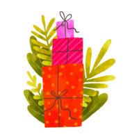 invierno Días festivos composición con brillante rojo y rosado regalo cajas regalos con ramas y hojas. mano dibujado dibujos animados ilustración en aislado antecedentes png