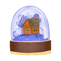 Christmas glass snow globe with fir trees and house. Snow ball. Xmas platform podium. Holiday card. Hand drawn illustration png