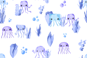 Seamless pattern with blue jellyfish and algae. Undersea world. Background for children. Ideal for textiles, wrapping paper, children's room png