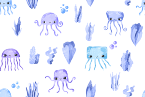 Seamless pattern with blue jellyfish. Underwater world, corals and reefs, ocean animals. Background for children. Ideal for textiles, wrapping paper, children's room png