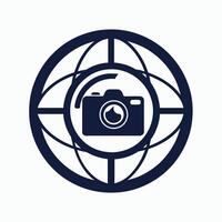 Silhouette camera encloses globe in circle against white backdrop, Simple silhouette of a camera with a globe inside, minimalist logo vector