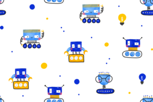 Funny futuristic cartoon robots. Comic science cyborg. Electronic toy. Game seamless pattern. Space background for boys png