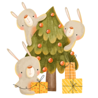 Kerstmis kaart met konijnen nee Kerstmis boom en geschenk dozen. winter samenstelling. vieren vakantie. hand- getrokken kinderen geïsoleerd illustratie png