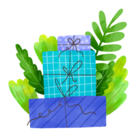 Winter holidays composition with blue gift boxes. Presents with branches and leaves. Hand drawn cartoon illustration on isolated background png