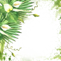 bukett av tropisk löv, vit blommor, handflatan blad ram på vattenfärg stänk fläckar bakgrund. Hem växt. exotisk knopp, grönska ClipArt knippa för hälsning kort. hand dragen illustration png