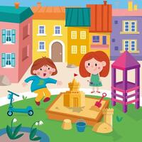Children on playground in summer. Sandbox and castle. Cartoon illustration. Scene for design. illustration. vector