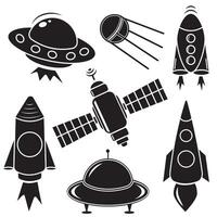 A set of space isolated icons of planets, satellites, UFOs and rockets. illustration vector