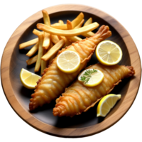 Delicious fried fish and chips with lemon and dipping sauce on wooden plate png