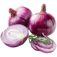 Realistic whole and cut red onions, transparent background png