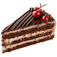 A slice of chocolate cake with a cherry on top, on a transparent background png