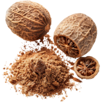 Realistic dry nutmeg and powder, transparent background png