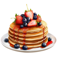 Pancakes with strawberries, blueberries and syrup, on a transparent background png