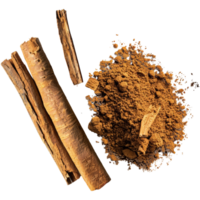 Realistic whole and powdered dried cinnamon, transparent background png