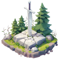 Sword stuck in stone, medieval fantasy, 3d cartoon, transparent background png