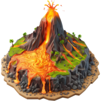 Island with flowing hot lava mountain, 3d cartoon isometric, transparent background png