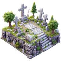 Cemetery with several tombstones, medieval, 3d isometric cartoon, transparent background png