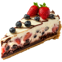 A slice of vanilla chocolate cake with fruit topping, on a transparent background png