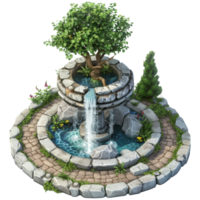 Isometric fantasy medieval garden fountain, 3d cartoon, transparent background png