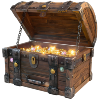 Treasure chest containing open gold and jewelry, transparent background png