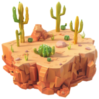 torr öken- ö, bevuxen med kaktus träd, isometrisk, 3d tecknad serie png