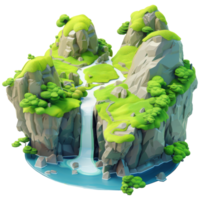 Green island with hills flowing water, 3d cartoon isometric, transparent background png