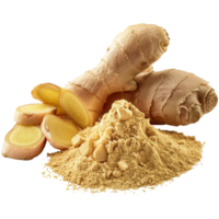 Realistic whole ginger, powdered and cut, transparent background png