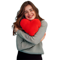Woman hugging red heart pillow, transparent background png