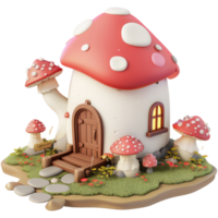 Cute medieval mushroom house, 3d cartoon isometric fantasy, transparent background png