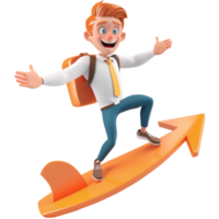 Employee surfing with rising arrow, 3d element, transparent background png