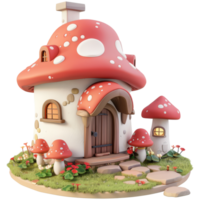 Cute medieval mushroom house, 3d cartoon isometric fantasy, transparent background png