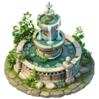 Isometric fantasy medieval garden fountain, 3d cartoon, transparent background png