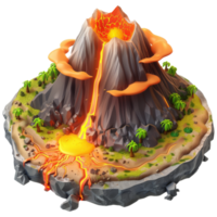 Island with flowing hot lava mountain, 3d cartoon isometric, transparent background png