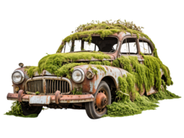 oxidado antiguo coche descuidado con vegetación aislado en transparente antecedentes png