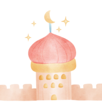 watercolor castle with a pink roof and a crescent moon png