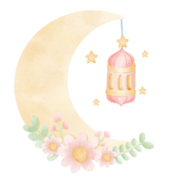 watercolor moon with flowers and lantern on transparent background png