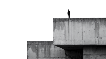 Man on modern building edge in monochrome, space for text. png