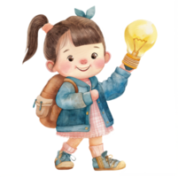 girl is holding a light bulb and smiling png