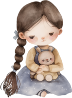 A girl is sitting on the floor holding a stuffed rabbit png