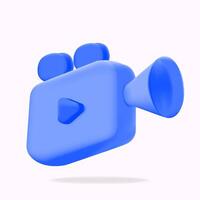 multimedia streaming camera icon. blue 3d camera isolated. with blue play button, 3d cinema recording icon illustration vector