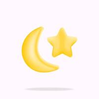 yellow crescent moon and stars, 3d illustration vector