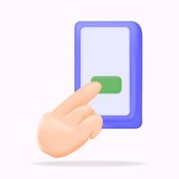 Hand pointing to smartphone finger and green button to press 3d illustration of touch screen cell phone vector