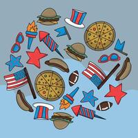 Patriotic USA items. banner design for 4th of july. hotdog, burger, pizza, firworks, american flag, sunglasses vector