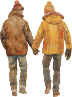 Two man holding hands while walking in the snow png