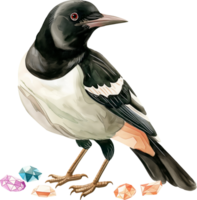 Cute Magpie Collecting Jewels watercolor png